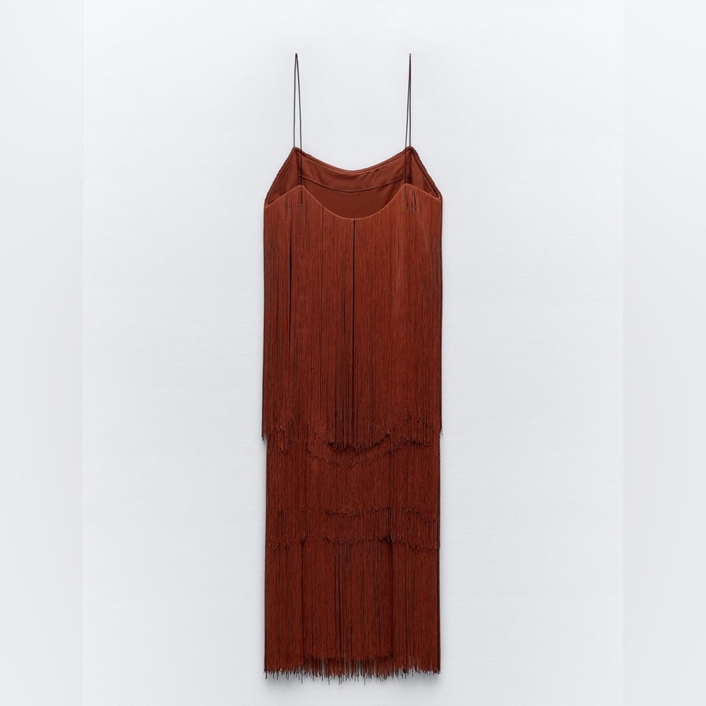 Zara STRAPPY FRINGED brown midi DRESS sz.XS-S - Picture 12 of 15